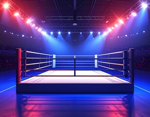 Empty boxing ring in a stadium under vibrant lights