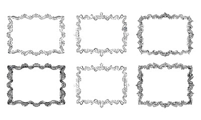 Obraz premium Coastal vintage stamp frames with squiggle doodle borders. Italian hand-drawn scallop ornaments perfect for wedding invites, menu designs, retro posters, beach party emblems, and summer patterns