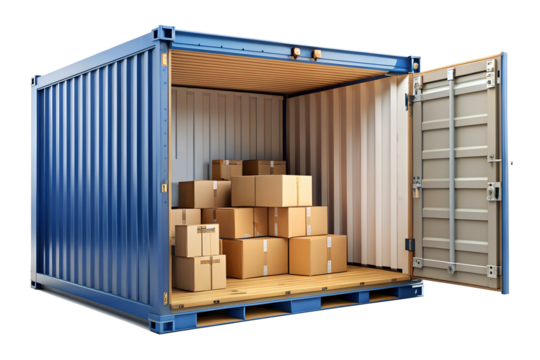 Blue shipping container with cargo inside, isolated on transparent background