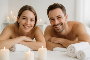 Obraz premium Smiling couple enjoying a relaxing spa day with candles and towels for ultimate wellness and rejuvenation experience