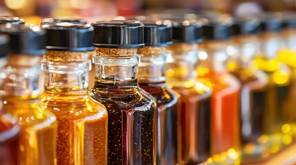 Variety of Colorful Bottles with Natural Oils and Extracts on Display