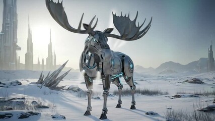 Futuristic robotic moose with glowing blue accents traverses a snowy alien landscape with towering crystalline structures and distant futuristic cities under a soft sky. - Powered by Adobe