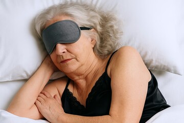 Elderly woman sleeping peacefully with eye mask in comfortable bed. concept of rest, tranquility, cozy sleep