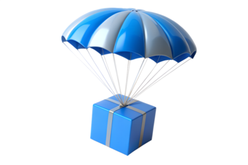 Blue gift box with a blue and white parachute, isolated on transparent background