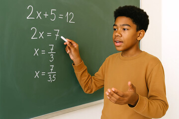 Young african american boy solving math equations on classroom chalkboard. concept of education, mathematics learning, student engagement