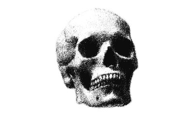 Distressed stipple skull with gritty halftone photocopy texture, embodying punk and gothic grunge style. Great for collage, tattoo, and underground art projects. Vector illustration, eerie brutal