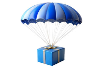 Blue gift box with a blue and white parachute, isolated on transparent background