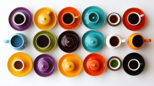 Vibrant Coffee Cups Arrangement on a White Background