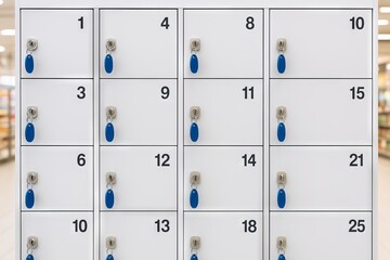 White lockers with blue key tags in a modern public space for secure storage solution concept of organization, security, efficiency