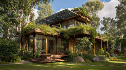 green roof house nestled in trees
