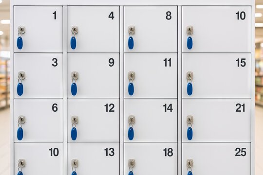 White lockers with blue key tags in a modern public space for secure storage solution concept of organization, security, efficiency