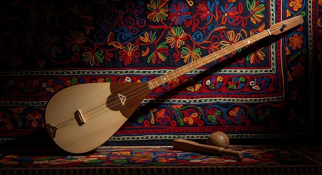 A traditional stringed musical instrument, likely a dutar, rests on a vibrantly patterned textile, evoking cultural heritage and artistic craftsmanship.