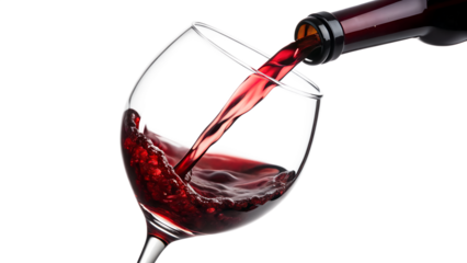 Red wine being poured into a glass from a bottle, isolated on transparent background