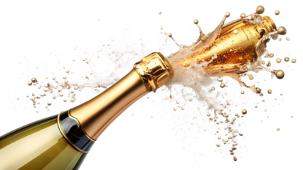 Champagne bottle popping with splash isolated on transparent background