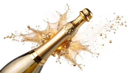 Champagne bottle exploding with liquid splash isolated on transparent background