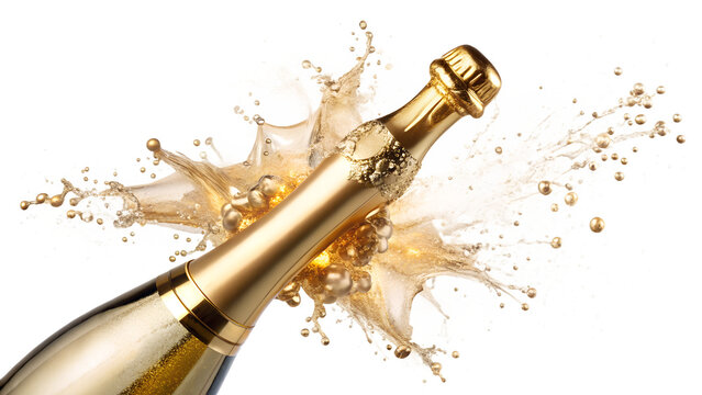 Champagne bottle exploding with liquid splash isolated on transparent background