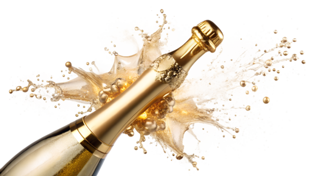 Champagne bottle exploding with liquid splash isolated on transparent background