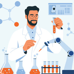 Scientist in lab coat working with robotic arm and test tubes