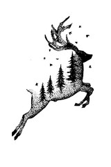 Black and white stippled deer leaping with trees inside and birds flying around its antlers