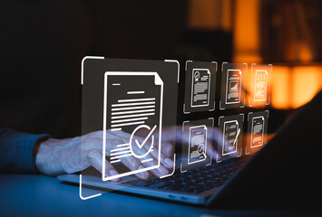 Document Review and Approval Process Concept. Person typing on laptop with icons representing document review, approval, quality checks, compliance, audit, checklist, certificate workflow management,