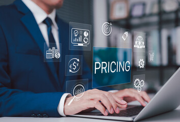 Pricing Strategy and Market Analysis Concept. Businessman using laptop with icon representing pricing strategies, financial analysis, global market, currency exchange, data decision-making in commerce