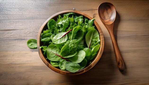 a vibrant mixture of fresh leafy greens including spinach and lettuce is elegantly arranged in a rustic wooden bowl a matching wooden spoon accompanies the bowl enhancing the natural aesthetic