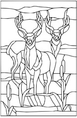 Two deer standing in a landscape with cattails in black and white coloring page illustration