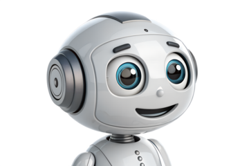 Friendly robot character with big blue eyes and a smile, isolated on transparent background