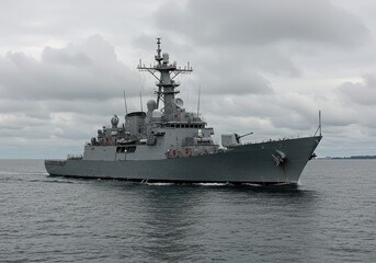 A gray warship sailing on the water under a cloudy sky on a calm day in the open ocean view