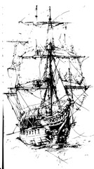 Detailed sketch of a tall ship with multiple masts and sails rendered in black and white ink style