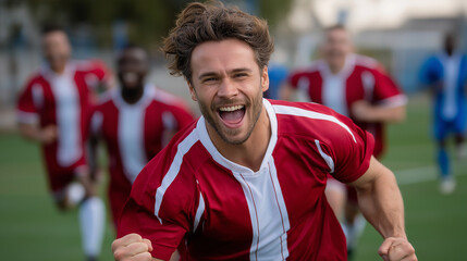 Fototapeta premium Celebrating goal-scorer with teammates in joyful moment
