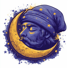 Funny logo of sleepy moon wearing nightcap in vibrant minimalist cartoon style Generative AI