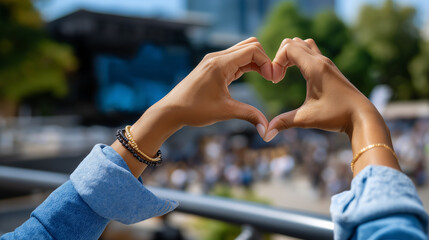 Person making a heart sign with hands towards family in the crowd