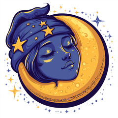Funny logo of sleepy moon wearing nightcap in vibrant minimalist cartoon style Generative AI