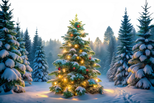 A beautifully decorated christmas tree stands tall in a serene winter forest, surrounded by snowcovered pines, radiating warmth and holiday cheer isolated on transparent background