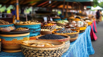 Vibrant Display of Artisan Baskets at Local Market with Fruits and Nuts