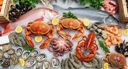 Colorful display of fresh seafood on ice at a vibrant fish market stall