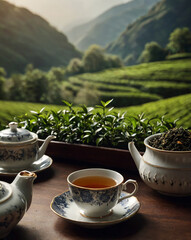 A collection of high-quality, cinematic-style photographs featuring elegant tea cups and teapots on rustic wooden tables. Surrounded by lush green leaves and natural light, these images evoke a calm, 