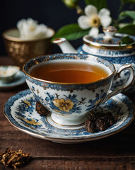 A collection of high-quality, cinematic-style photographs featuring elegant tea cups and teapots on rustic wooden tables. Surrounded by lush green leaves and natural light, these images evoke a calm, 