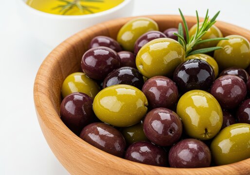A wooden bowl filled with green and purple olives next to a small bowl of yellow olive oil dish
