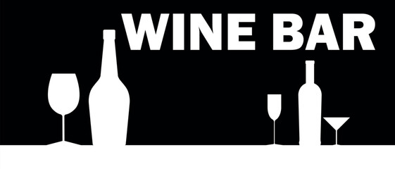 Wine bar, vector poster design, negative image black white, outline illustration of wine bottle, glasses. Restaurant banner, wine list design, sommelier, wine tasting, party, drinking
