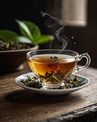 A collection of high-quality, cinematic-style photographs featuring elegant tea cups and teapots on rustic wooden tables. Surrounded by lush green leaves and natural light, these images evoke a calm, 