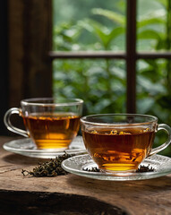 A collection of high-quality, cinematic-style photographs featuring elegant tea cups and teapots on rustic wooden tables. Surrounded by lush green leaves and natural light, these images evoke a calm, 