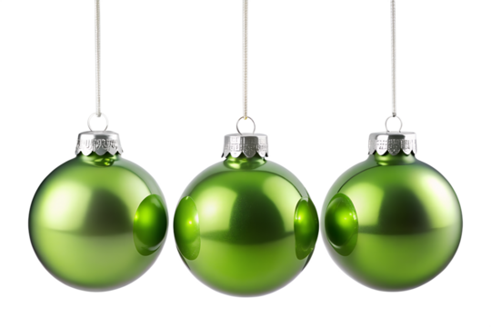 Three green christmas ornaments hanging isolated on transparent background, perfect for adding a festive touch to your holiday designs and celebrations