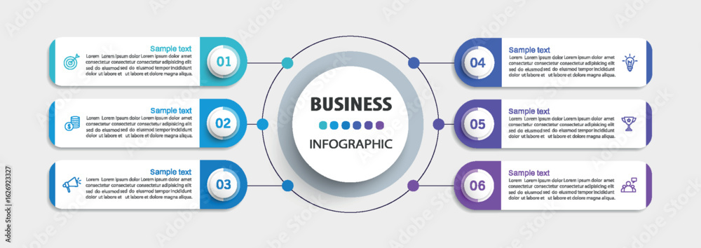 Wall mural business infographic design template with 6 options, steps or processes. can be used for workflow la