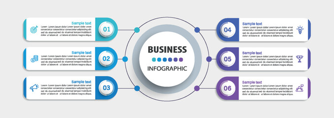 Business infographic design template with 6 options, steps or processes. Can be used for workflow layout, diagram, annual report, web design	
