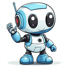 Funny logo of cute light blue robot waving with one hand in vibrant minimalist cartoon style Generative AI