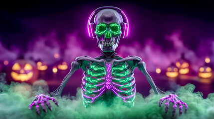 Skeleton with glowing green skull wearing purple headphones. Surrounded by colorful fog and jack-o'-lanterns. Setting creates spooky atmosphere for Halloween celebrations