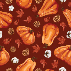 seamless pattern with a set of autumn pumpkins of various shapes in orange color with pine cones and cotton flowers on a red background, for autumn designs, patterns or cards