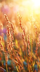 Fototapeta premium Golden sun shining through dry grass field at sunset. Warm autumn nature scenery with bokeh light. Fall season background.